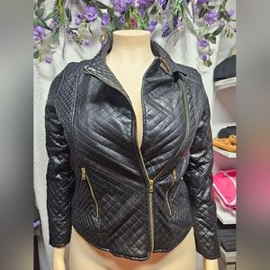 Vintage B B Winter .Black Quilted Leather Jacket with Gold Zippers